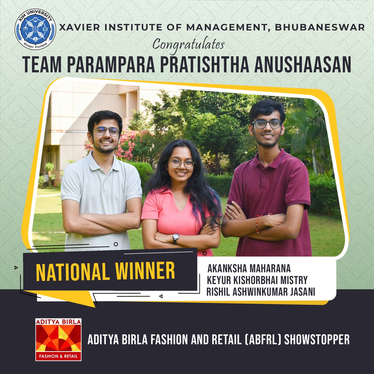 ximb_official's tweet photo. XIM, Bhubaneswar takes pride in announcing that Team Parampara, Pratishtha, Anushaasan has emerged as the National Winner of ABFRL ShowStopper. Congratulations to the team for their creativity and hard work!
#xim #casecomp #unstop https://t.co/F7syXAn0mD