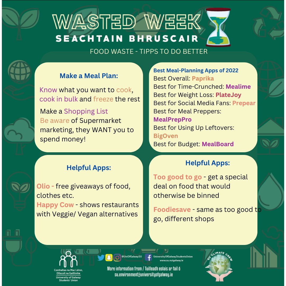 UniOfGalwaySU's tweet photo. This #WastedWeek take some time to learn about #foodwaste 
 
DYK in Ireland over one million tonnes of food is wasted annually 

You can pick up your FREE compostable bin from the SU Office while stocks last 🗑️

#DoChomhaltas #UniversityofGalway #Sustainability https://t.co/Qz3Dg4EM33