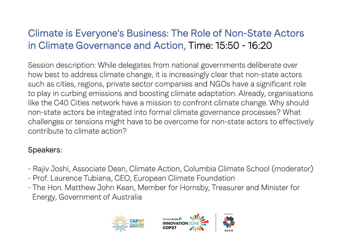I am delighted to join <a href="/LaurenceTubiana/">Laurence Tubiana</a> and <a href="/Matt_KeanMP/">The Hon. Matt Kean</a> this afternoon from 15:30 EET for ‘Climate is Everyone's Business: The Role of Non-State Actors in Climate Governance and Action’ on the Climate Action Stage Climate at #COP27