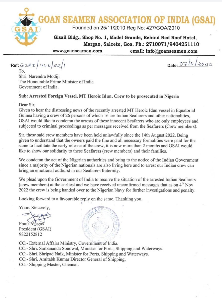 GoanSeamen's tweet photo. In Solidarity and support towards our seafarers @narendramodi kindly intervene #heroicidun 
@PMOIndia @DrSJaishankar @sarbanandsonwal @shripadynaik @dgship_goi @IMOHQ @ilo @ITFglobalunion @ITFSeafSupport @Gavin_Sailors @CEOSeafarers @StellaMarisOrg @FlyingAngelNews @OSM_Maritime https://t.co/hUNCBft0Tf