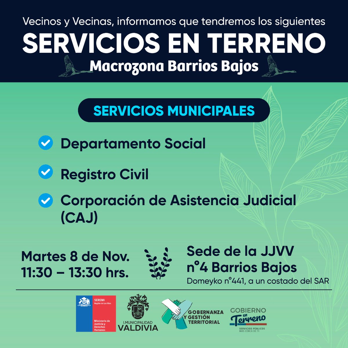 Atención! vecinos y vecinas de #Valdiviacl, este martes 08 de noviembre en la Sede de JJVV N°4 Barrios Bajos, al costado del SAR, habrá un Operativo donde atenderá el Departamento Social <a href="/munivaldivia/">MuniValdivia</a>, <a href="/RCivil_LosRios/">Registro Civil Los Ríos</a> y atención jurídica <a href="/cajbiobio/">Cajbiobio</a>. Desde 11:30 a 13:30 hrs.