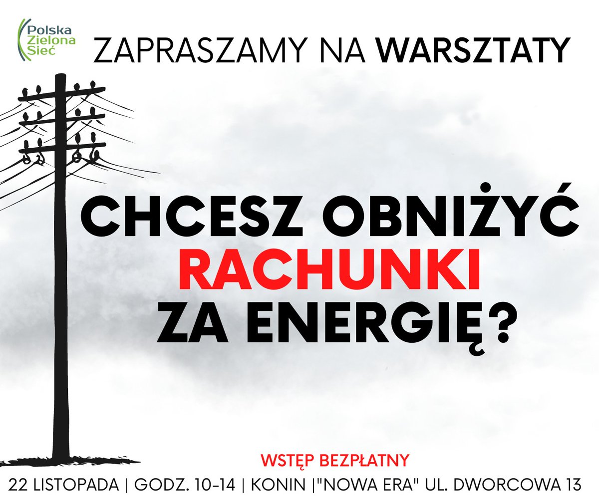 Jak obniżyć rachunki za energię?💰📈 
Jak przeciwdziałać ubóstwu energetycznemu?🏚️⚡️
Z jakiego źródła można sfinansować takie działania?💶 
Zapraszamy na BEZPŁATNE warsztaty w Koninie. 
Rejestracja: bit.ly/WarsztatyRej 
Szczegóły znajdziecie w linku: bit.ly/WarsztatyKonin