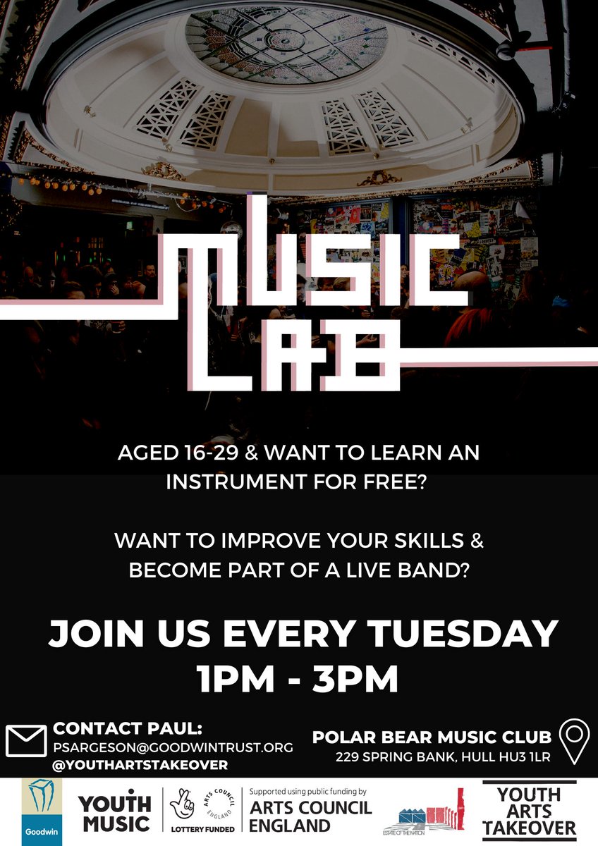 The MusicLab sessions are on every Tuesday at <a href="/PolarBearRoars/">Polar Bear Music Club</a>  from 1 while 3!
Whether you are a dab hand at a guitar, a keyboard or the drums, or none of the above and you want to try your hand at something, come on down for expert tuition and an incredible experience!
