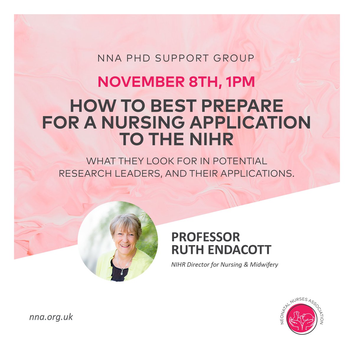 Neonatal Nurses Association (NNA) (@nnauk1) on Twitter photo ‼️Tomorrow‼️Professor Ruth Endacott, NIHR Director for Nursing & Midwifery, will speak at our NNA PhD support group at 1pm.
Ruth will explore how to best prepare for a nursing application to the NIHR.
Join the NNA PhD support group 👉 katie@nna.org.uk #NNAPhDSupport #NNA #PhD ‼️Tomorrow‼️Professor Ruth Endacott, NIHR Director for Nursing & Midwifery, will speak at our NNA PhD support group at 1pm.
Ruth will explore how to best prepare for a nursing application to the NIHR.
Join the NNA PhD support group 👉 katie@nna.org.uk #NNAPhDSupport #NNA #PhD