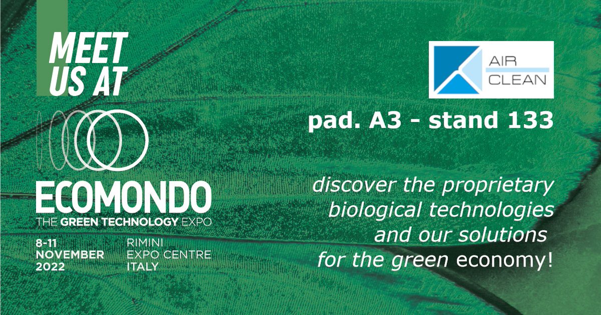 SEE YOU at #Ecomondo22 hall A3.133! Discover our solutions for #ecologicaltransaction #AirClean #wastewater #solidwaste #biogas #biofilter  #emissionscontrol #odourcontrol #greenhydrogen #biotechnology #airtreatment #electrolyzer  #methanation #composting 
#breathablefabric