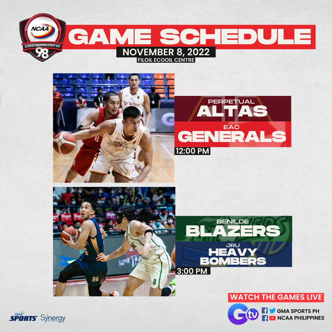 Tuloy-tuloy ang exciting basketball action bukas, November 8, 2022, sa #NCAASeason98! 12:00 PM - Perpetual vs. EAC 3:00 PM - Benilde vs. JRU 📍: FilOil EcoOil Centre 📺: LIVE on GTV 📱: Livestream on NCAA Philippines and GMA Sports PH 💻: youtube.com/ncaaphilippine…