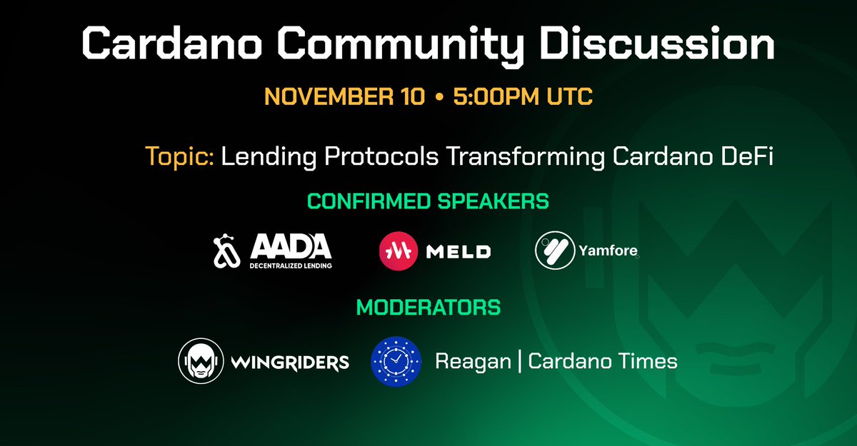 wingriderscom's tweet photo. 📢Riders, we will be hosting new Twitter Spaces this Thursday. Don't miss out!🔥

🎙️Topic: Lending Protocols Transforming Cardano DeFi
🗓️Thursday, Nov 10th, 5PM UTC
👥Guests: @MELD_Defi @AadaFinance @yamfore
👉https://t.co/QozoSVTR1T

#CardanoCommunity #Cardano #DAO https://t.co/M2wL6QEGp2