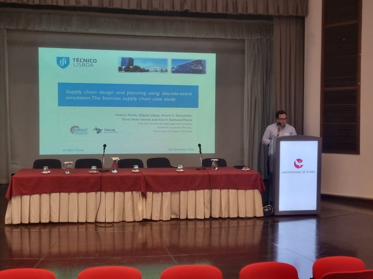Supply chain design and planning using discrete-event simulation: The biomass supply chain case study is the work presented by Miguel Vieira. <a href="/OplogG/">OpLog - Operations and Logistics Research Group</a> @CEG_IST <a href="/istecnico/">Instituto Superior Técnico</a> <a href="/UnivdeCoimbra/">Universidade de Coimbra</a> #IO2022