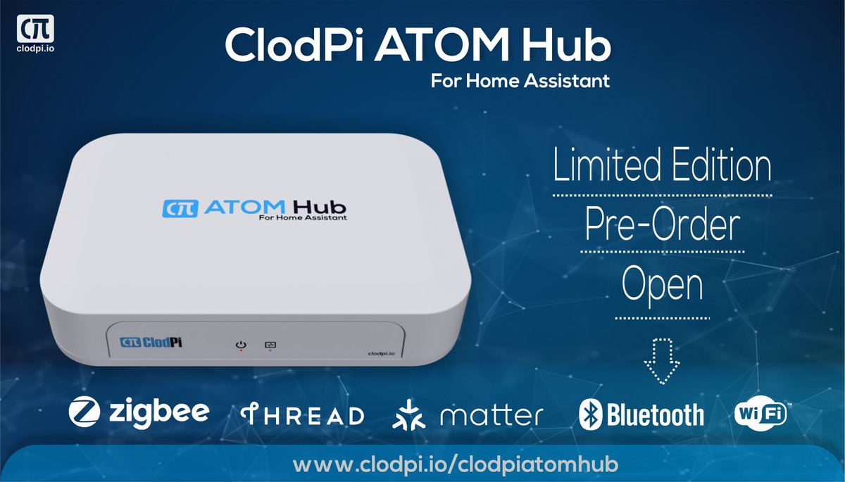 !!! EXCITING NEWS !!!

PRE-ORDER OPENS TODAY

Get the new ATOM Hub for <a href="/home_assistant/">Home Assistant</a>

Visit: clodpi.io/clodpiatomhub

Shipping by 25th Dec 22

#Matter <a href="/csaiot/">Connectivity Standards Alliance</a> #zigbee <a href="/TheThreadGroup/">Thread Group</a> #WiFi #Bluetooth <a href="/siliconlabs/">Silicon Labs</a> <a href="/tweethue/">Philips Hue</a> <a href="/esphome_/">ESPHome</a>
#homeassistant <a href="/hassioaddons/">Home Assistant Community Add-ons</a> #Raspberry_Pi