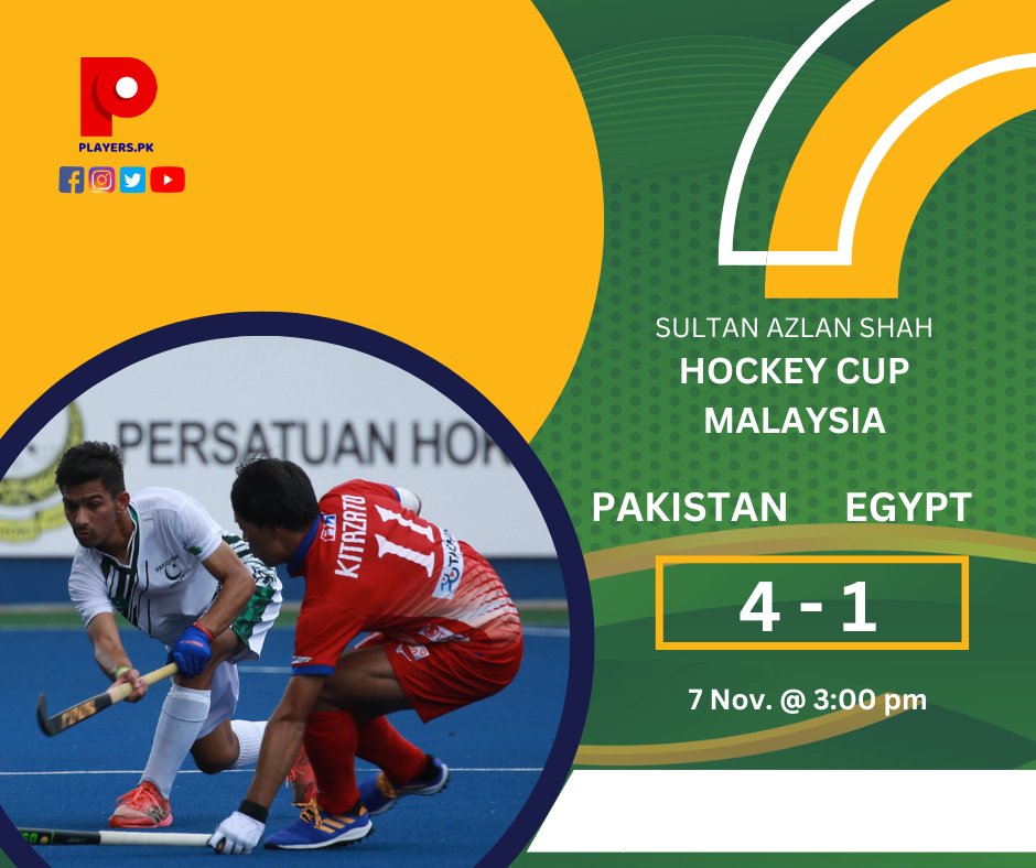 پاکستان نے مصر کو ایک کے مقابلہ میں چار گول سے شکست دے دی۔ پاکستان سلطان اذلان شاہ ہاکی کپ میں تیسری اور چوتھی پوزیشن کا میچ 9 نومبر کو کھیلے گا
<a href="/PHFOfficial/">Pakistan Hockey (PHF)</a> 
<a href="/FIH_Hockey/">International Hockey Federation</a> 
<a href="/asia_hockey/">Asian Hockey Federation</a>