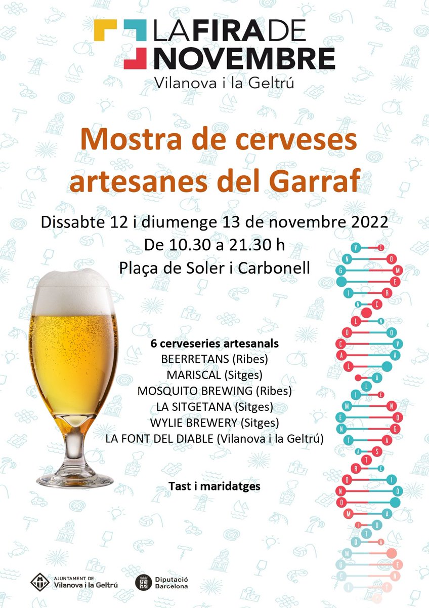 📅 Dissabte 12 i diumenge 13 de novembre a la plaça del Mercat de #VNG trobareu una 
Mostra de Cerveses Artesanes del #Garraf.

🍺 Amb tasts, maridatges, zona gastro, música i molta birra local. <a href="/AssSinglot/">Associació Singlot</a>

#firadenovembre22 #VilanovaTurisme #VisitVilanova