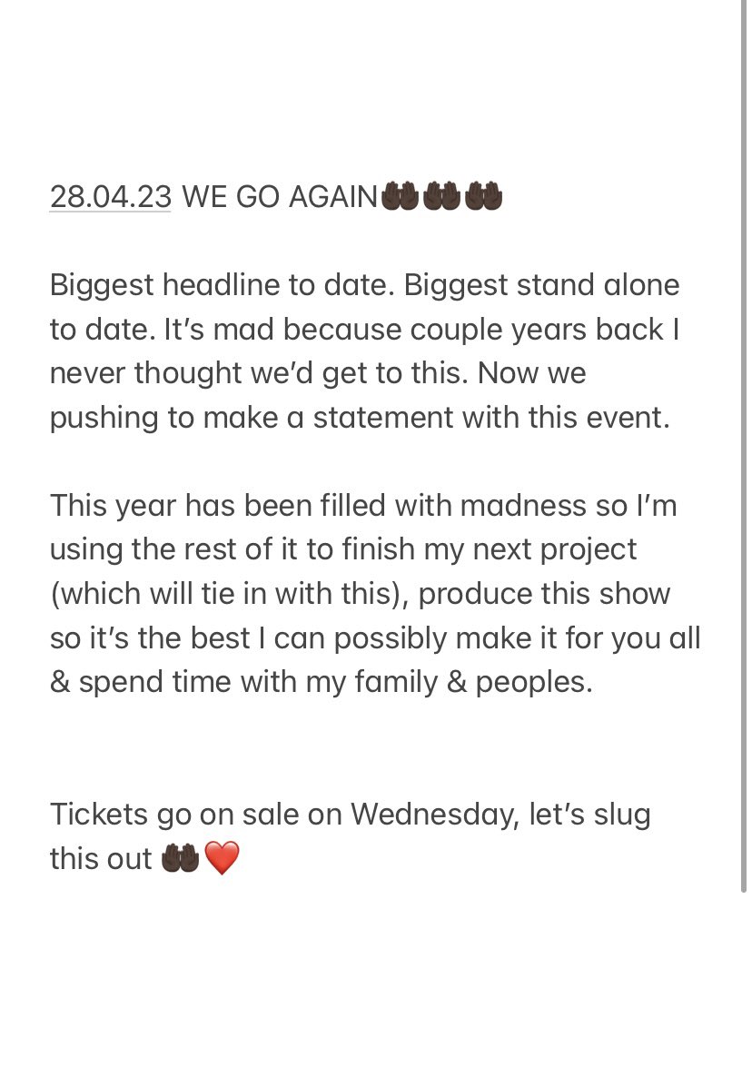 28.04.23 🤲🏿❤️ 

Tickets go on sale on Wednesday (14+)

Bemzmusic.com