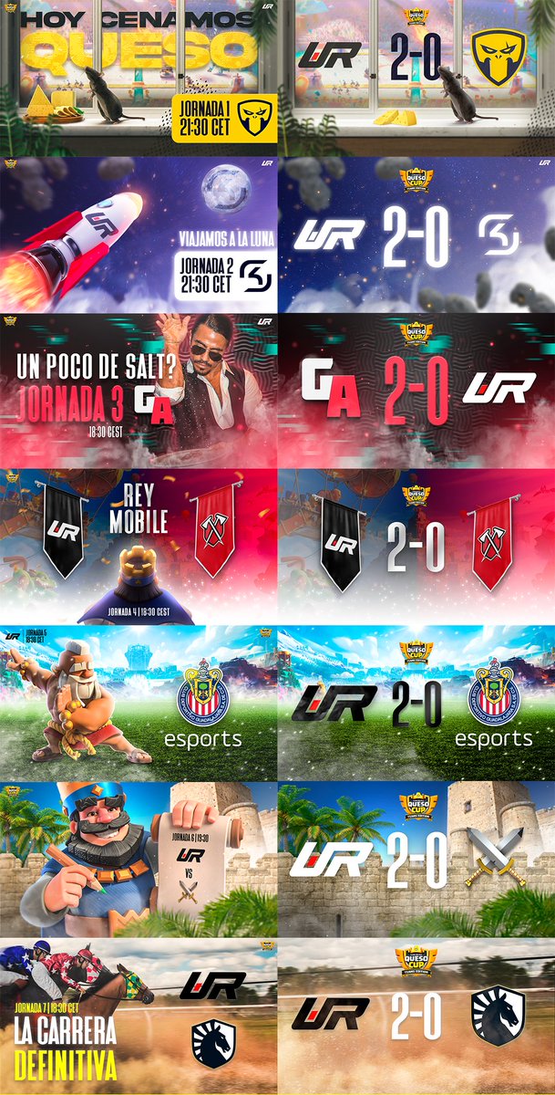 Diseños personalizados con diferentes temáticas de cada jornada de la <a href="/QuesoCupTV/">Queso Cup</a>  para <a href="/UrbanEsportsRap/">Urban Esports 🎙</a>