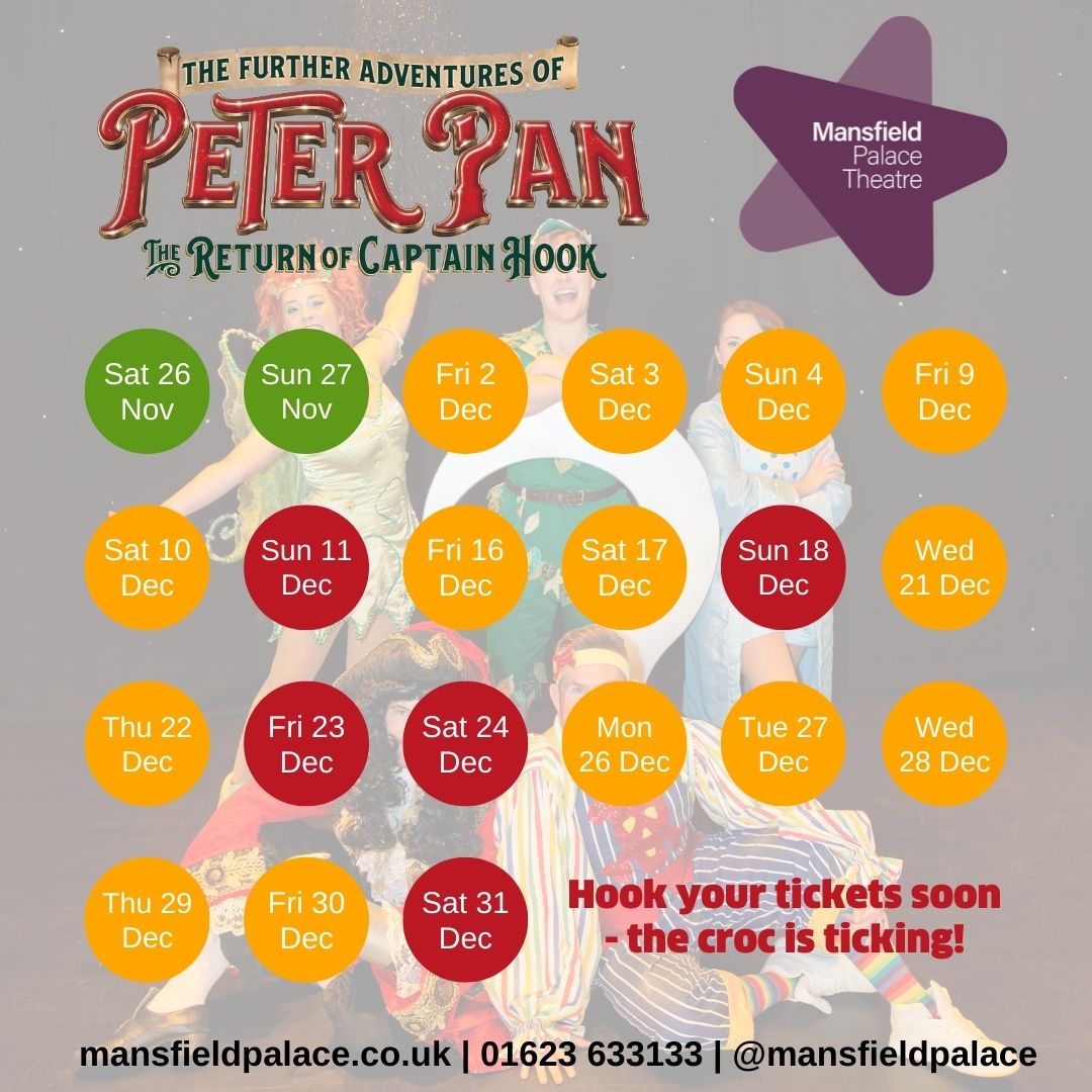 MansfieldPalace's tweet photo. Panto is now 76% sold!

Our handy availability graphic should help you choose your date to hook tickets for. 

Book online at https://t.co/l5H4zdm0i7. https://t.co/sU5OwoM5Z5
