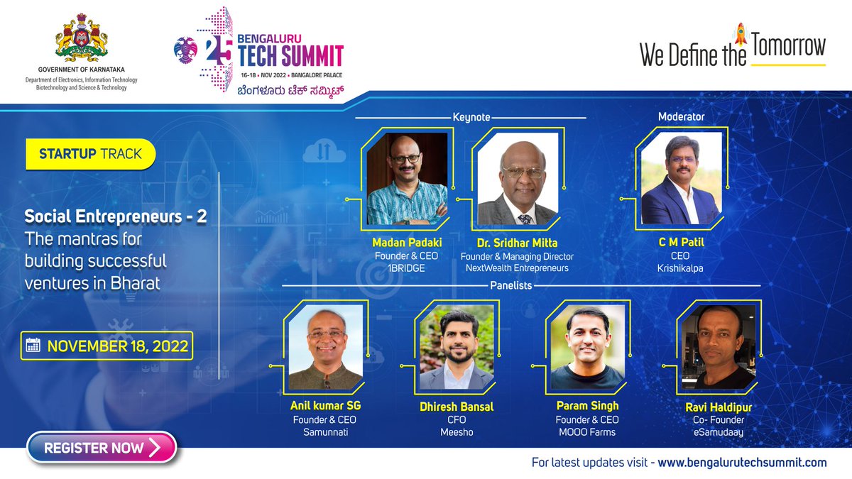 blrtechsummit's tweet photo. Who wouldn't want to access the "mantras for building successful ventures in Bharat?" #BTS2022 brings you an opportunity to hear it from the best in the industry on November 18 under its Startup Track. Register at https://t.co/YRDfr7i4f2 to attend.
#StartupTrack #Tech4NexGen https://t.co/fD6BxRhUd2