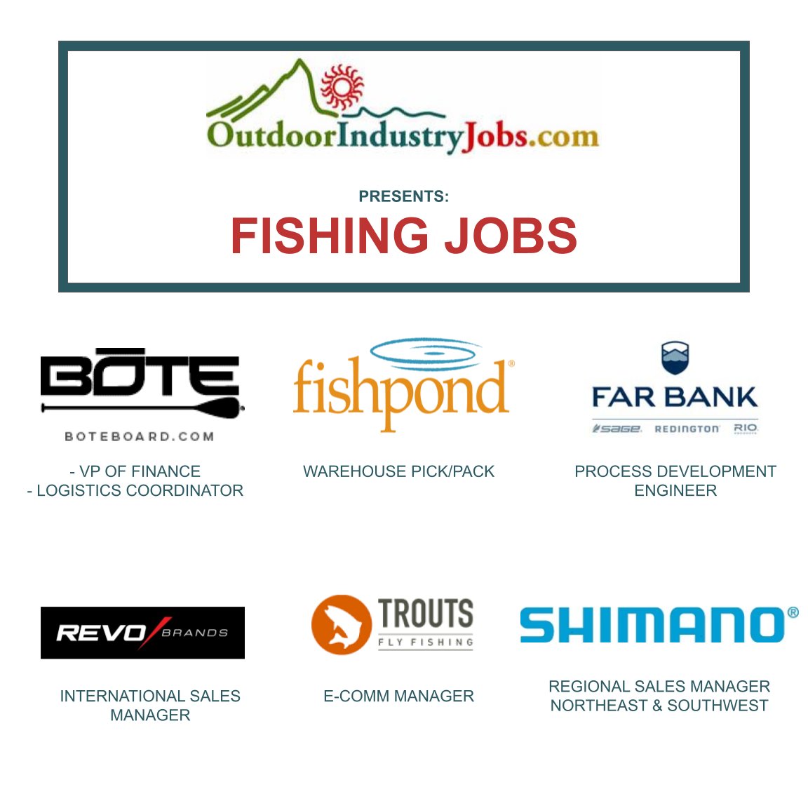 Apply Here: outdoorindustryjobs.com

#outdoorindustryjobs #boteboards #fishpond #fishpondusa #rioproducts #outdooredge #troutsflyfishing #shimanofishing #flyfishingaddict #fishingaddict #fishinglifestyle 
@BOTEboards @fishpondnews @RIOProducts @oeknives @Shimano_Fishing