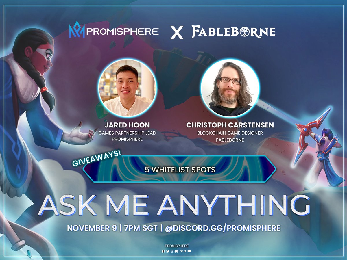 Promisphere_io's tweet photo. 📣 Join us for an AMA with @fableborne November 9 at 7PM SGT!

Speakers:
@jahoon1703
@lockedcc

🌟5 winners will have a chance to win Whitelist spots!
1️⃣Follow @fableborne
2️⃣Join https://t.co/KBnYLSPxhv
3️⃣Listen and/or ask question during AMA

See you on https://t.co/leeQ7jghlh! https://t.co/2gN2am75v5