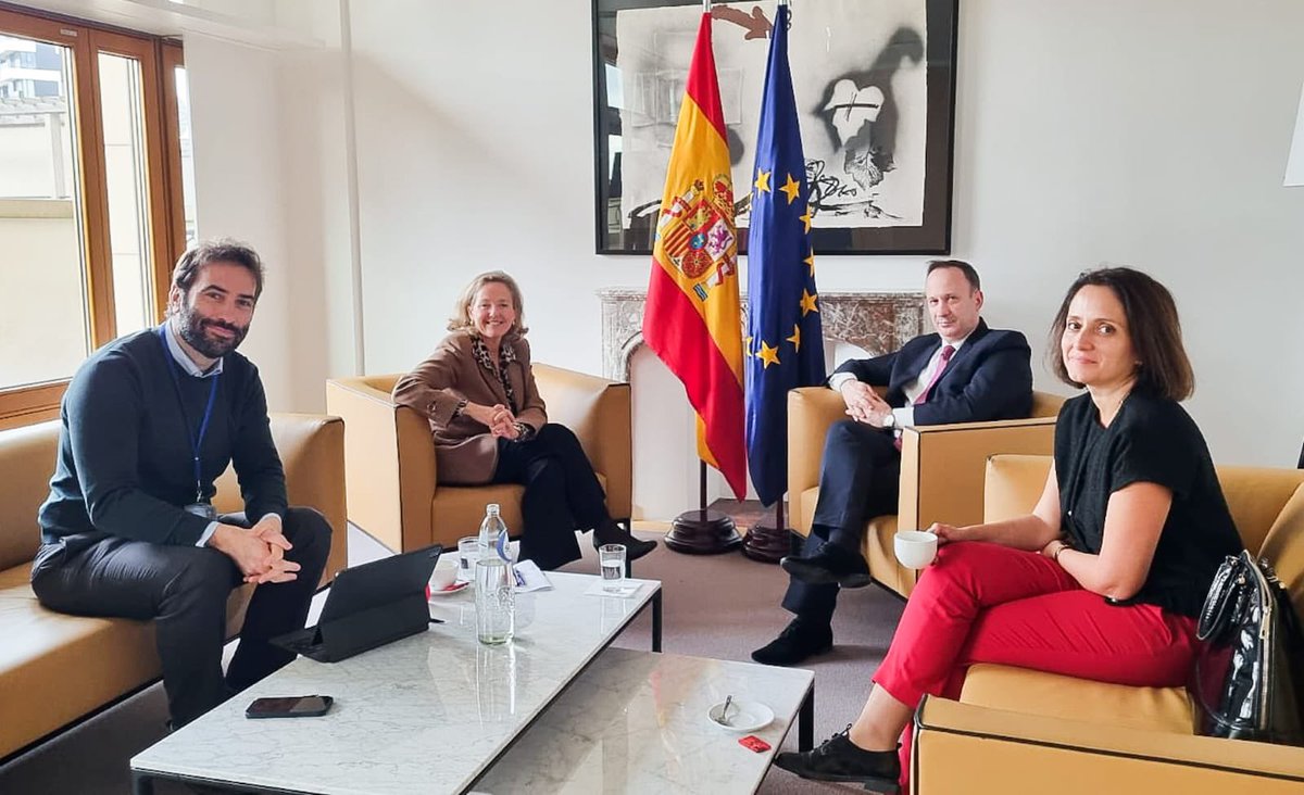 NadiaCalvino's tweet photo. Good meeting with minister @AdrianCaciu @ro_mfp to prepare the next 🇪🇸🤝🇷🇴 summit and exchange views on the economic outlook and main issues in our European #ecofin agenda. https://t.co/zcnCqkfT9Q