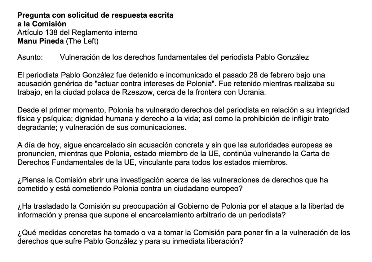 Hoy se cumplen 250 días de la detención del periodista Pablo González, que sigue encarcelado e incomunicado en Polonia.

Exigimos a la Comisión Europea que actúe ante la vulneración de derechos de un ciudadano comunitario cometida por un Estado de la #UE

#FreePabloGonzalez