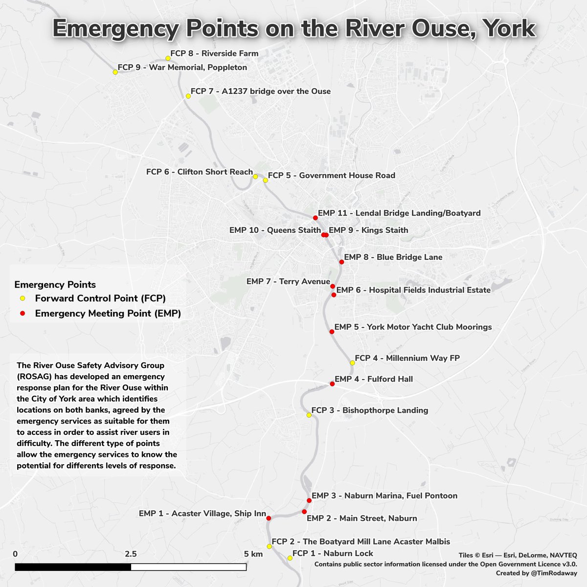 TimRodaway's tweet photo. A little late to the party, but this weekend I thought I'd try and do a few of the #30DayMapChallenge challenges!
First up is #Day1 where I've mapped Emergency #Points on the River Ouse in York, taking advantage of some of the #OpenData made available by @CityofYork. https://t.co/xwEjPeWnti