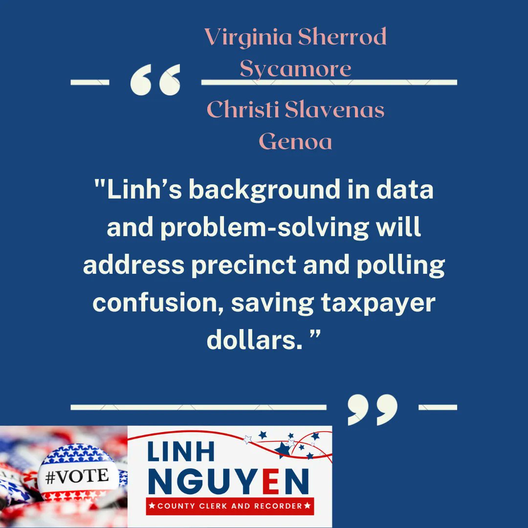 Thank you, Virginia Sherrod of Sycamore and Christi Slavenas of Genoa, for your joint letter! You can read their letter of support for  Linh Nguyen for DeKalb County Clerk and Recorder here: buff.ly/3WrlJ5o 
#winwithlinhnguyen #monday #proudlydekalb #dekalblife