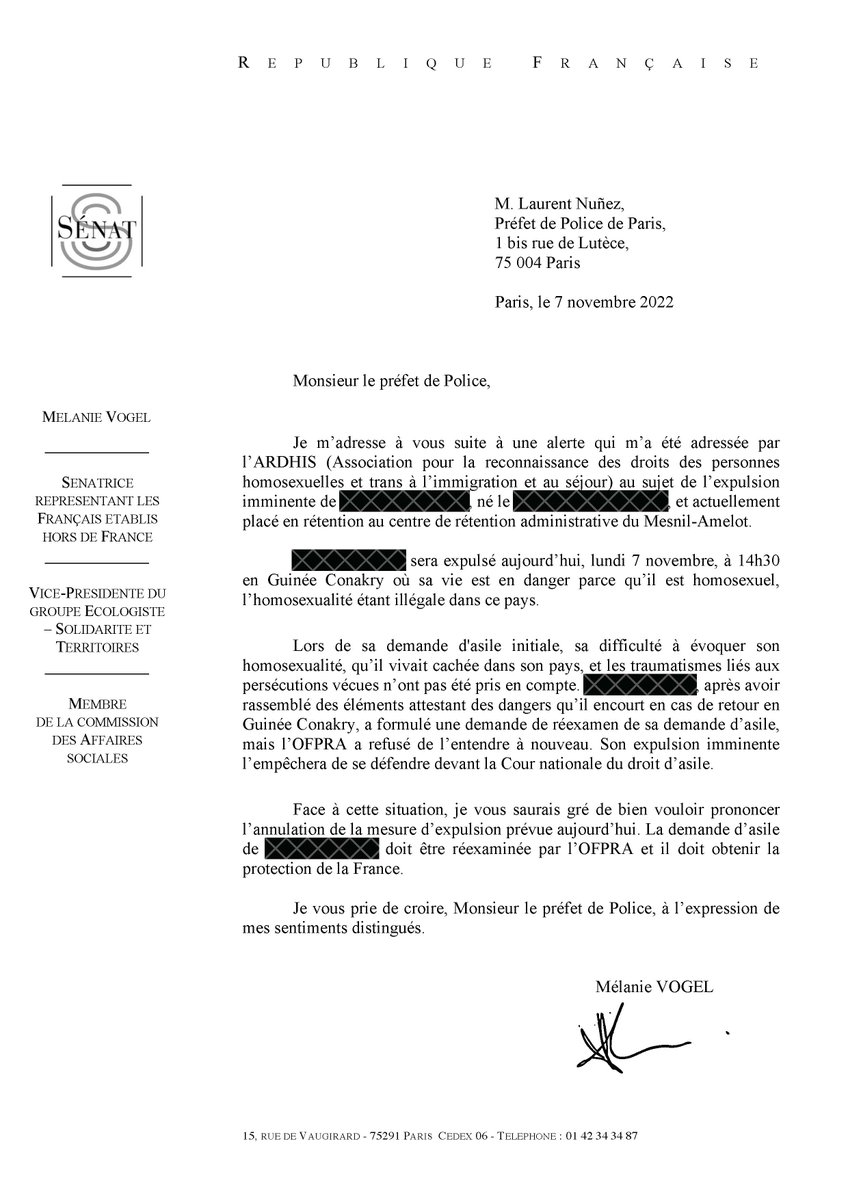 D'ici quelques minutes, Babacar va être expulsé en Guinée Conakry où il risque sa vie car qu’il est homosexuel.
Monsieur <a href="/NunezLaurent/">Laurent Nuñez</a>, je vous demande de bien vouloir prononcer l'annulation de la mesure d'expulsion afin que sa demande d'asile puisse être réexaminée.