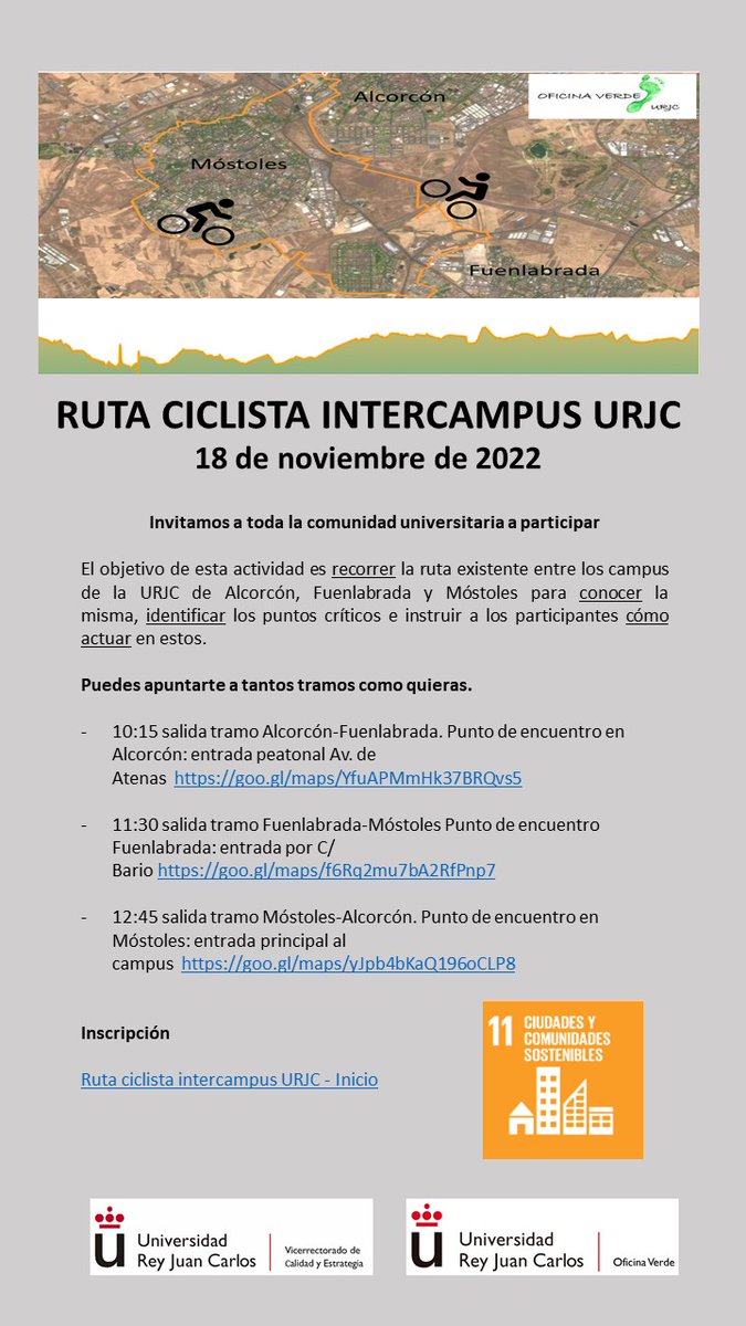 Si quieres moverte en bici para ir a la universidad y no sabes qué camino es el más seguro o no sabes cómo moverte entre los diferentes campus ¡esta es tu actividad! 
🗓️18 de noviembre
📌Campus de Alcorcón, Fuenlabrada y Móstoles
📝eventos.urjc.es/90851/detail/r… 
🚴Te esperamos🚴