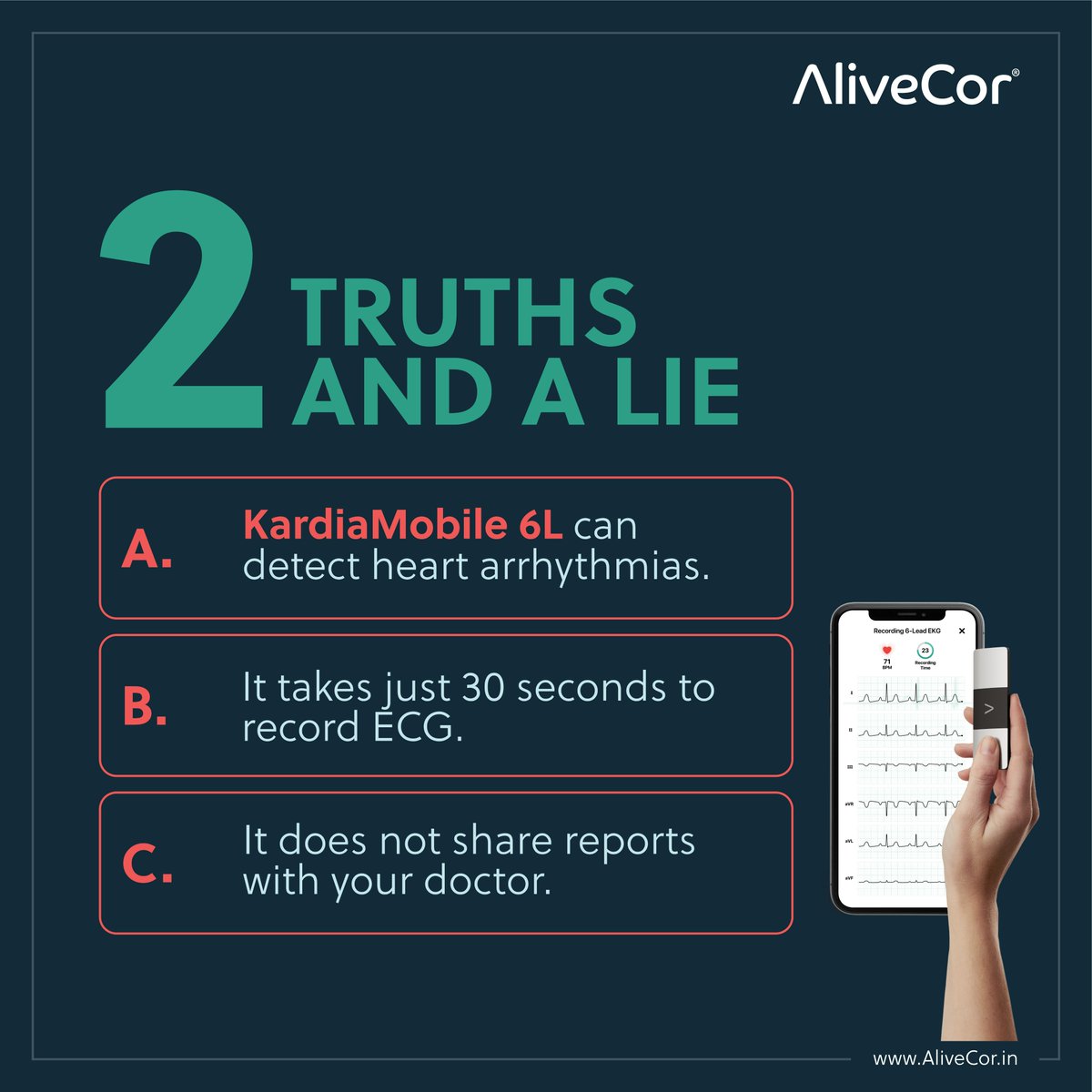 AlivecorIndia's tweet photo. Guess the Lie in the comments below!
#hearthealthfitness #hearthealthyliving #healthyheart
#healthyhearthealthymind #healthyhearttips #ecgchallenge #ecgreading #cardiovascularhealth #AliveCor #KardiaMobile6L https://t.co/hM5Mk4eLwl
