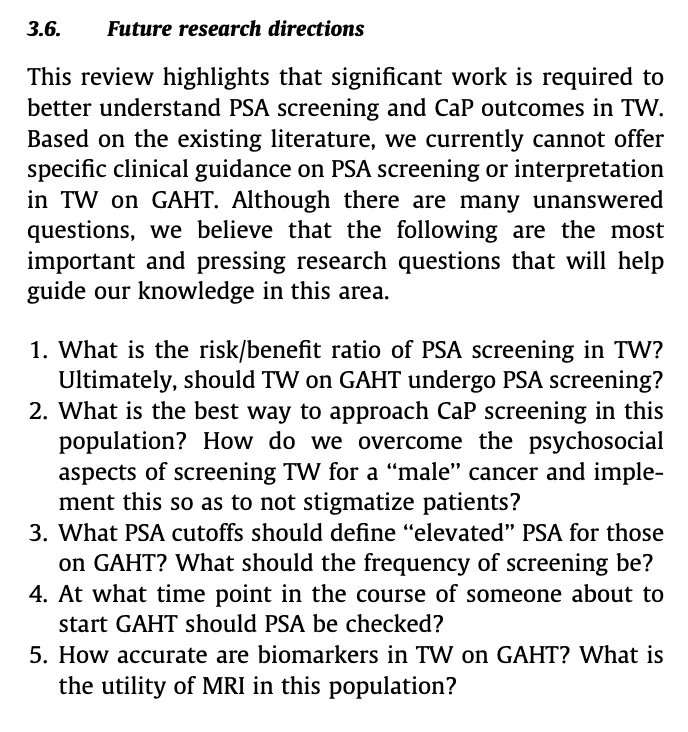 PSA Screening in Transgender Patients 
buff.ly/3hemper 

<a href="/FarnooshMD/">Farnoosh Nik-Ahd</a> <a href="/JCFigueiredoPhD/">Jane Figueiredo PhD</a> <a href="/JenAngerMD/">Jennifer Anger, MD, MPH</a> <a href="/dr_coops/">Matt Cooperberg</a> <a href="/SFreedlandMD/">Stephen Freedland, MD</a> 

"We are in the infancy of understanding PSA screening in TW. Future research: risks/benefits of PSA screening, mitigating -ve psychological effects"