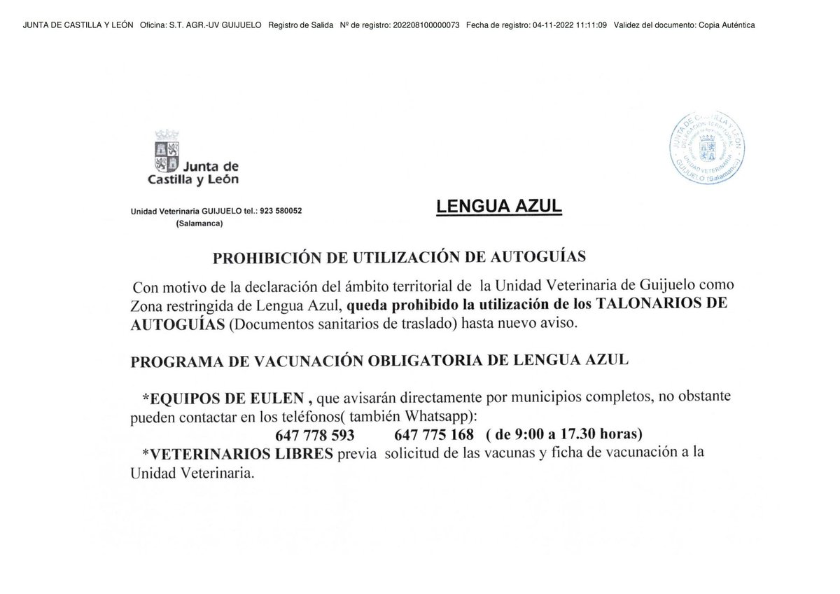 ⚠️ Prohibición de Utilización de Autoguías en el ámbito territorial de la Unidad Veterinaria de Guijuelo, a la que pertenece Los Santos (Salamanca) 👇