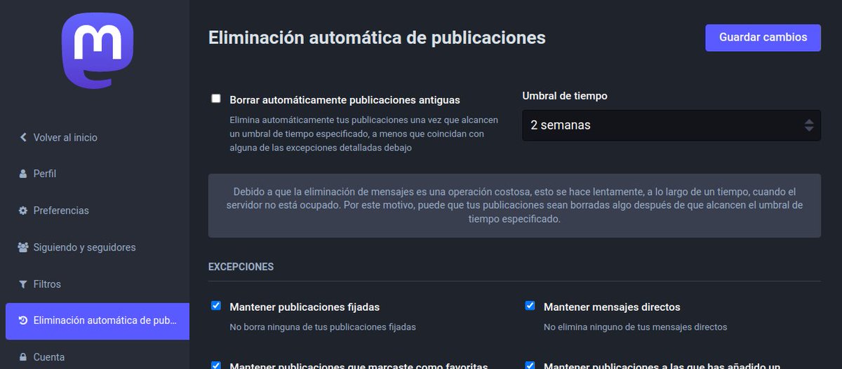 chusop's tweet photo. @Eleder_ Esa opción existe. Hay toda una página entera de distintas configuraciones para que tus toots se eliminen automáticamente transcurrido un tiempo. https://t.co/lcVlaYAoGC