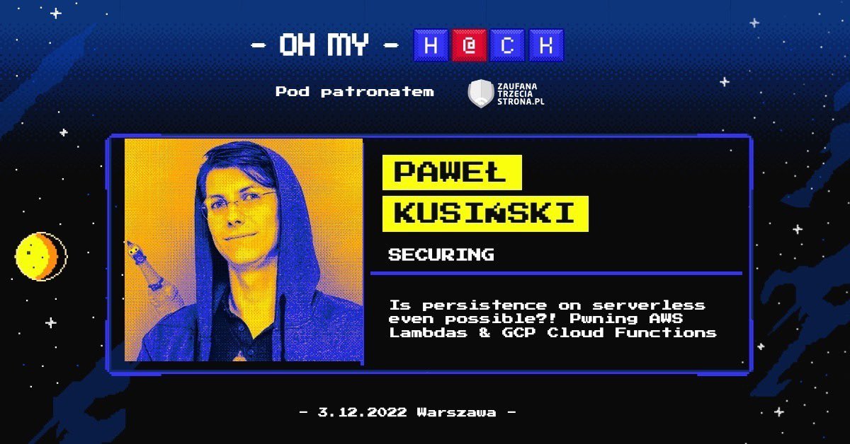 Paweł Kusiński (@_pkusik) on Twitter photo I'm coming back to Warsaw for <a href="/OMHconf/">Oh My Hack</a> 2022!
3.12 I would be speaking about persistency in #AWS Lambda and #GCP Cloud Functions 😎 I'm coming back to Warsaw for <a href="/OMHconf/">Oh My Hack</a> 2022!
3.12 I would be speaking about persistency in #AWS Lambda and #GCP Cloud Functions 😎