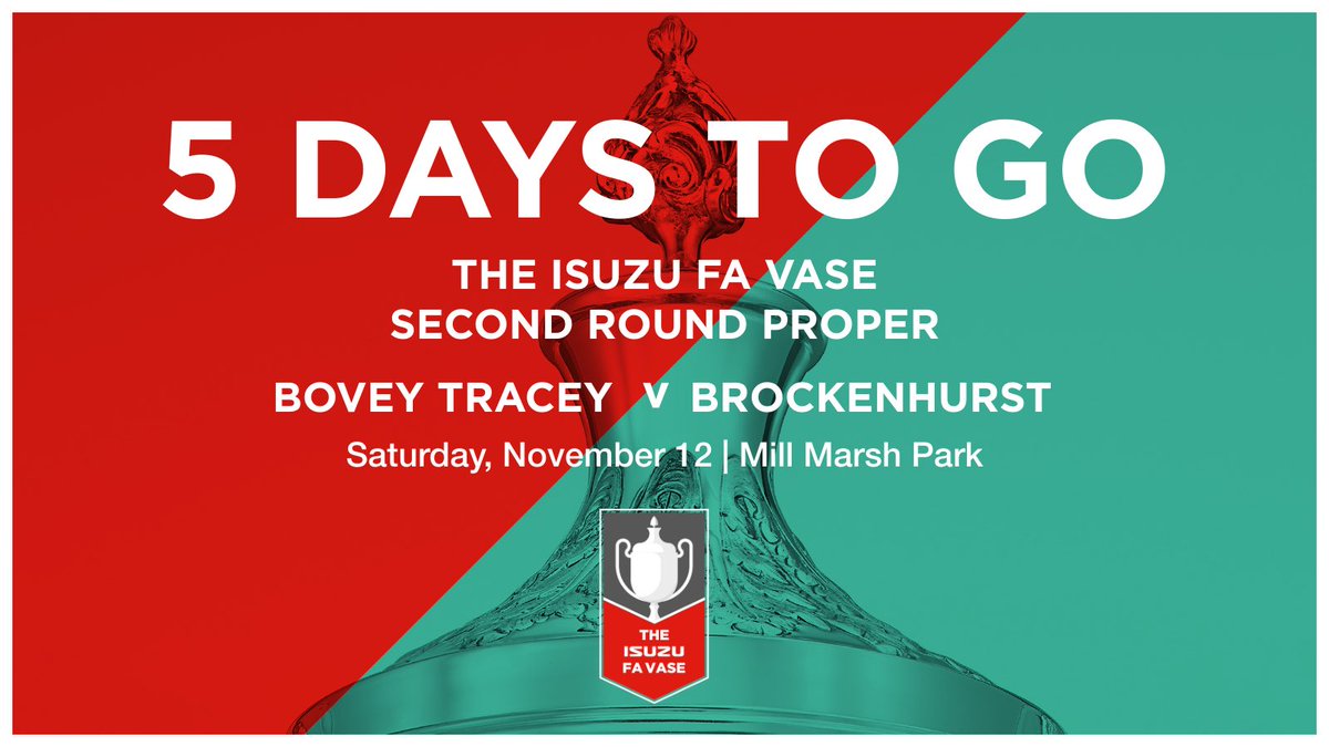 🏆FIVE DAYS TO GO🏆

🆚 <a href="/Brock_FC/">Brockenhurst FC</a> 
🏆 #FAVase Second Round
🏟️ Mill Marsh Park, TQ13 9FF
🕒 KO 3pm
💷 Adults £6, Conc. £3, U18/NHS/Forces FREE
➕ Half price entry for <a href="/OfficialECFC/">Exeter City FC</a>, <a href="/Argyle/">Plymouth Argyle FC</a> &amp; <a href="/TUFC1899/">Torquay United FC</a> season ticket holders

<a href="/swpleague/">WALTER C. PARSON PENINSULA LEAGUE</a> | <a href="/swsportsnews/">South West Sports News</a> | <a href="/ClubnetsUK/">Clubnets</a> | #UpTheBovey