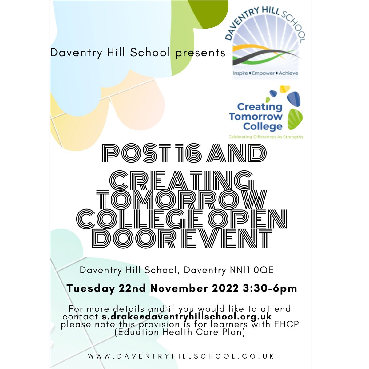 LONorthants (@lonorthants) on Twitter photo .<a href="/DaventryHill/">Daventry Hill School</a> are hosting an open-door event to showcase their post-16 department and their Creating Tomorrow College SPI (specialised provision institute) for learners aged 18+ with an EHC Plan.
To book, email Stacey - s.drake@daventryhilschool.org.uk.
#DaventrySEND .<a href="/DaventryHill/">Daventry Hill School</a> are hosting an open-door event to showcase their post-16 department and their Creating Tomorrow College SPI (specialised provision institute) for learners aged 18+ with an EHC Plan.
To book, email Stacey - s.drake@daventryhilschool.org.uk.
#DaventrySEND