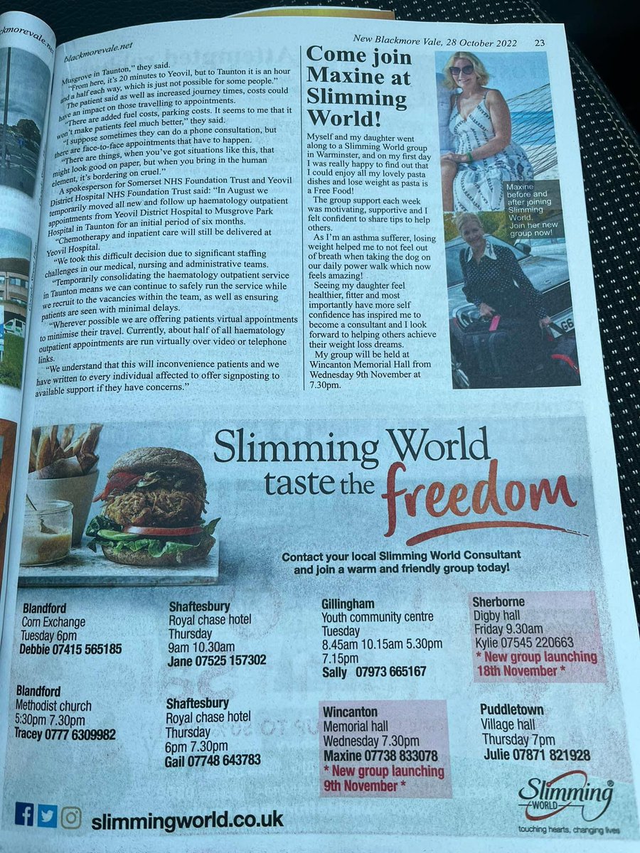 traceyoldfield8's tweet photo. Thankyou @blackmorevale for printing an editorial for Maxine and her new Slimming world Wincanton group x https://t.co/VtGyJ3N8gH
