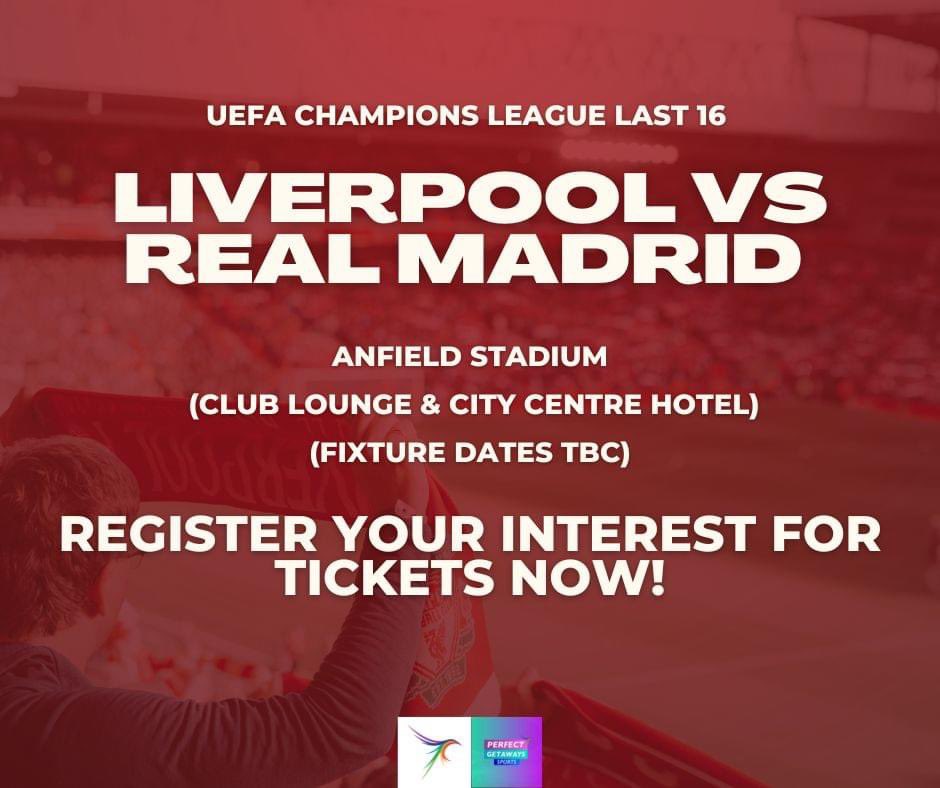 ⭐ The Mouthwatering Champions League last 16 match at Anfield between two European giants 

 🌟 REGISTER YOUR INTEREST FOR TICKETS NOW 

🔴 #LFC VS Real Madrid ⚪
🏟 Anfield Stadium
⚽ Club Lounge &amp; City Centre Hotel included
📅 Fixture dates TBC

Please Message if interested ⭐️