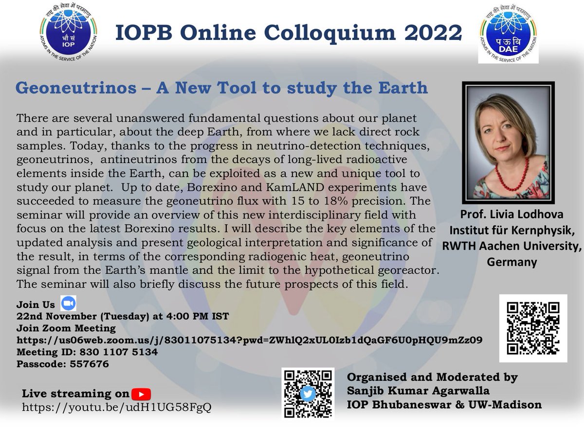 sanjibneutrino's tweet photo. We are happy to announce the Institute Online Colloquium by Prof. Livia Ludhova on 22nd November (Tuesday) at 4:00 PM IST.

Zoom: https://t.co/te1TBUpTdr

Meeting ID: 830 1107 5134
Passcode: 557676

YouTube Live Stream: https://t.co/0bg2fgUUgc https://t.co/WRnmer6D81