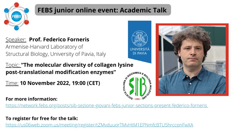 ÖGMBT-YLSA: online event from our related society FEBS: Prof. Federico Forneris, University of Pavia: “The molecular diversity of collagen lysine post-translational modification enzymes” Time: 10 November 2022, 19:00 To register for free for the talk: us06web.zoom.us/meeting/regist…