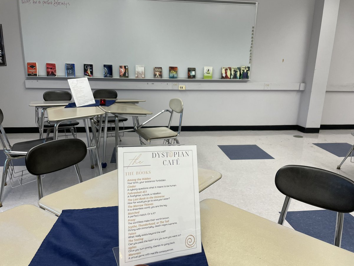 We are “book tasting” today! Introducing the dystopian unit. It’s hype up the book choices today at the Dystopian Café #medfieldps #bmsed