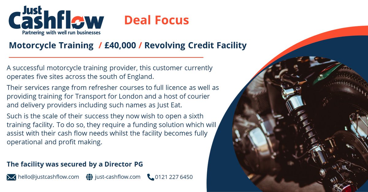*Deal Focus*
This new customer required a Revolving Credit Facility to support the funding of a new motorcycle training site. The facility will provide working capital while the site establishes itself. #alternativefinance #happycustomer #smesupport