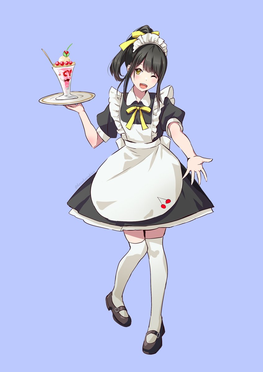 solo 1girl maid one eye closed black hair maid headdress apron  illustration images