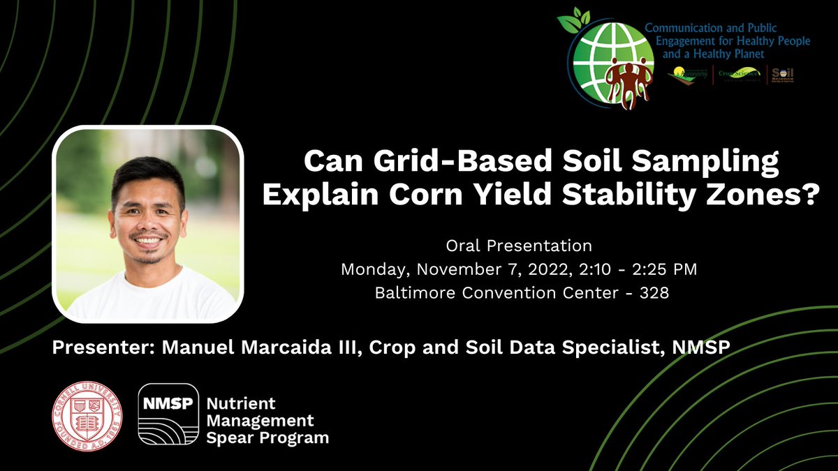 Can grid-based #soil measurements explain yield and yield variability of corn fields? Join our Data Specialist <a href="/buruguduy/">Man Marcaida III</a> as he presents our research on how yield-based management zones are driven by soil fertility. <a href="/ASA_CSSA_SSSA/">Agronomy, Crop, and Soil Science Societies</a> <a href="/SSSA_soils/">Soil Science Society of America</a> #ACSmtg