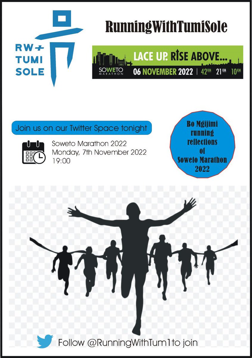 tumisole's tweet photo. #RunningWithTumiSole 

Join us this evening from 19:00 as we reflect on the past weekend races. 

I’ll be joined by @TebangNtsasa @LizzyBabili &amp; Dr @drtumi_dsm 

Come share your race moments &amp; lessons 

Click link to set reminder: 

https://t.co/whfSmx6rlR https://t.co/wzUK4S4lmX