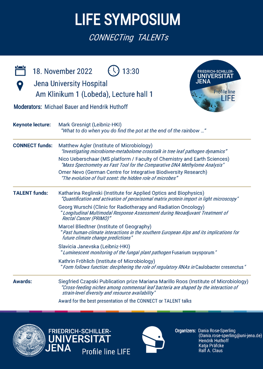 profillinie's tweet photo. 1st #LIFESymposium
Would you like to know more about our CONNECT and TALENT funds of the profile line LIFE?
18 November 2022_13:30
Jena University Hospital
@UniJena @UKJ_Jena @JenaVersum @Mark_Gresnigt @aglernino @Slavi_Jan @MS_platform @ONevo_EvolEcol @AgEggeling @microbeRNA https://t.co/jtkenDdq7y