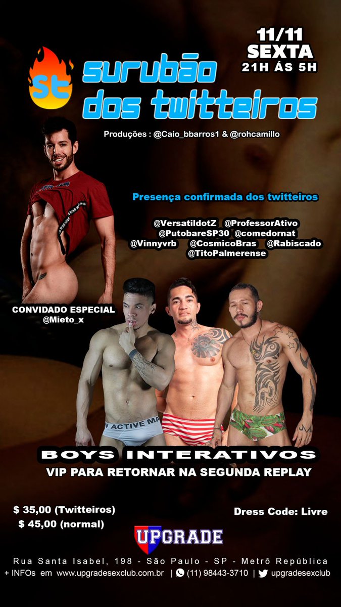 STwitteiros's tweet photo. 🔵🔴 Surubão dos Twitteiros 🔴🔵

Data: 11 de Novembro
Horário: 21h às 05h
 Local: @upgradesxclub 

Com @Mieto_X

🤦🏼‍♂️Entrada normal: R$ 45,00
✅ Twitteiros: R$ 35,00 (dê RT para o desconto)

Copo 🥤 de energético FREE

Produção @Caio_bbarros1  e @rohcamillo https://t.co/zULOAxUpYW