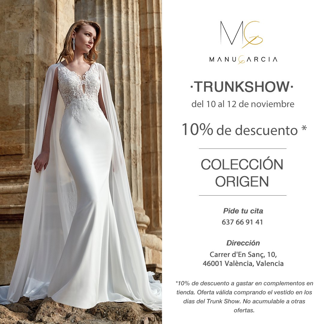 ⭐ TRUNKSHOW en Valencia ⭐
Una oportunidad única para encontrar tu vestido de novia.
Te esperamos en:
MANU GARCIA VALENCIA
C/En Sanz, nº 10
Tel. 963529706
Whatsapp 637 669 141
46001 Valencia