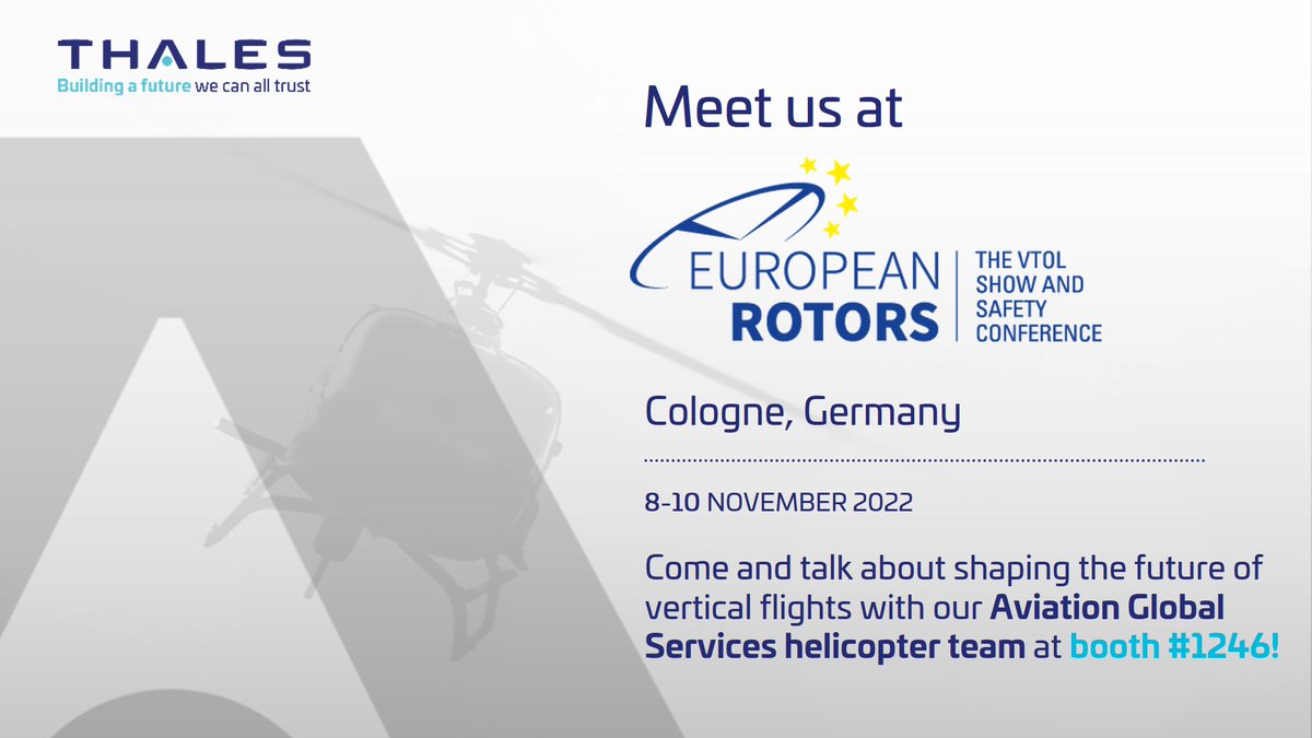 🚁 Meet #Thales Aviation Global Services at #europeanrotors22, this week in Cologne. We are presenting our global avionics support &amp; services offering inc. the #PartEdge digital platfom and our #ConnectedMissionAssistant solution!

▶️ <a href="/EuropeanRotors/">EUROPEAN ROTORS</a> site: thls.co/qLuM50LgATH