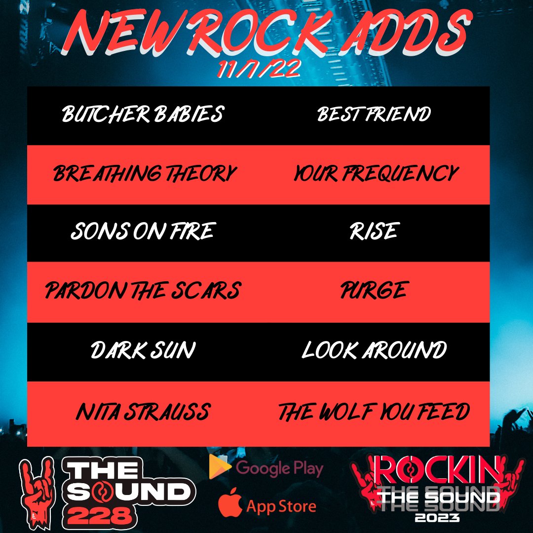The Sound (@thesound228) on Twitter photo New rock adds:
<a href="/ButcherBabies/">BUTCHER BABIES</a> - Best Friend
<a href="/officialBTband/">Breathing Theory</a> - Your Frequency
<a href="/SonsFire/">Sons ON Fire</a> - Rise
<a href="/PardonTheSkerz/">Pardon The Scars</a> - Purge
Dark Sun - Look Around
<a href="/hurricanenita/">Nita Strauss Villalta</a> - The Wolf You Feed
Make your requests and start listening now: linktr.ee/TheSound228
#thesound228 #wearenewrock New rock adds:
<a href="/ButcherBabies/">BUTCHER BABIES</a> - Best Friend
<a href="/officialBTband/">Breathing Theory</a> - Your Frequency
<a href="/SonsFire/">Sons ON Fire</a> - Rise
<a href="/PardonTheSkerz/">Pardon The Scars</a> - Purge
Dark Sun - Look Around
<a href="/hurricanenita/">Nita Strauss Villalta</a> - The Wolf You Feed
Make your requests and start listening now: linktr.ee/TheSound228
#thesound228 #wearenewrock