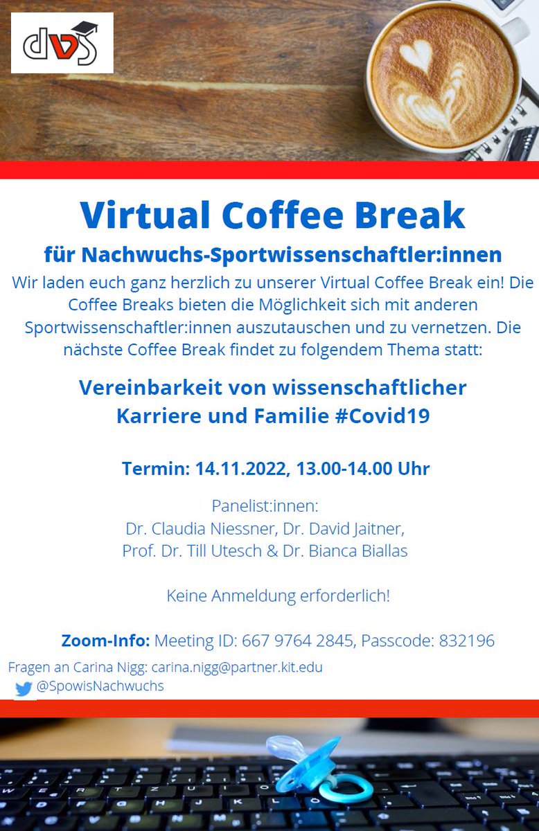 Heute in einer Woche am 1⃣4⃣.1⃣1⃣. um 1⃣3⃣ Uhr ist es wieder so weit - unsere Virtual Coffee Break steht an!

Dieses Mal geht es dabei mit spannenden Gästen um das Thema Vereinbarkeit von wissenschaftlicher Karriere und Familie (in der Covid-Pandemie). 

Weitere Informationen ⬇️