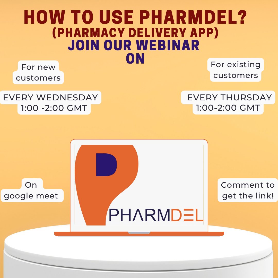 PharmdelApp's tweet photo. Hello
We'll be hosting an online demo every Wednesday, from 1:00 -2:00 GMT for new customers and another one on every Thursday from 1:00 - 2:00 GMT for existing customers on how to use PharmDel- pharmacy delivery app. Let us know in the comment section if interested.

#pharmdel https://t.co/kfTjuO14fB